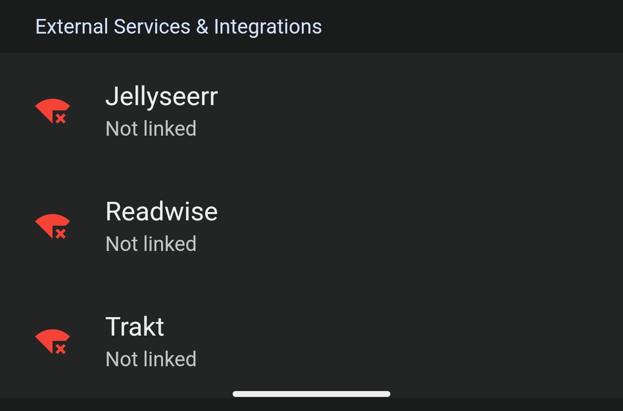 Settings section showing Jellyseerr under External Services & Integrations
