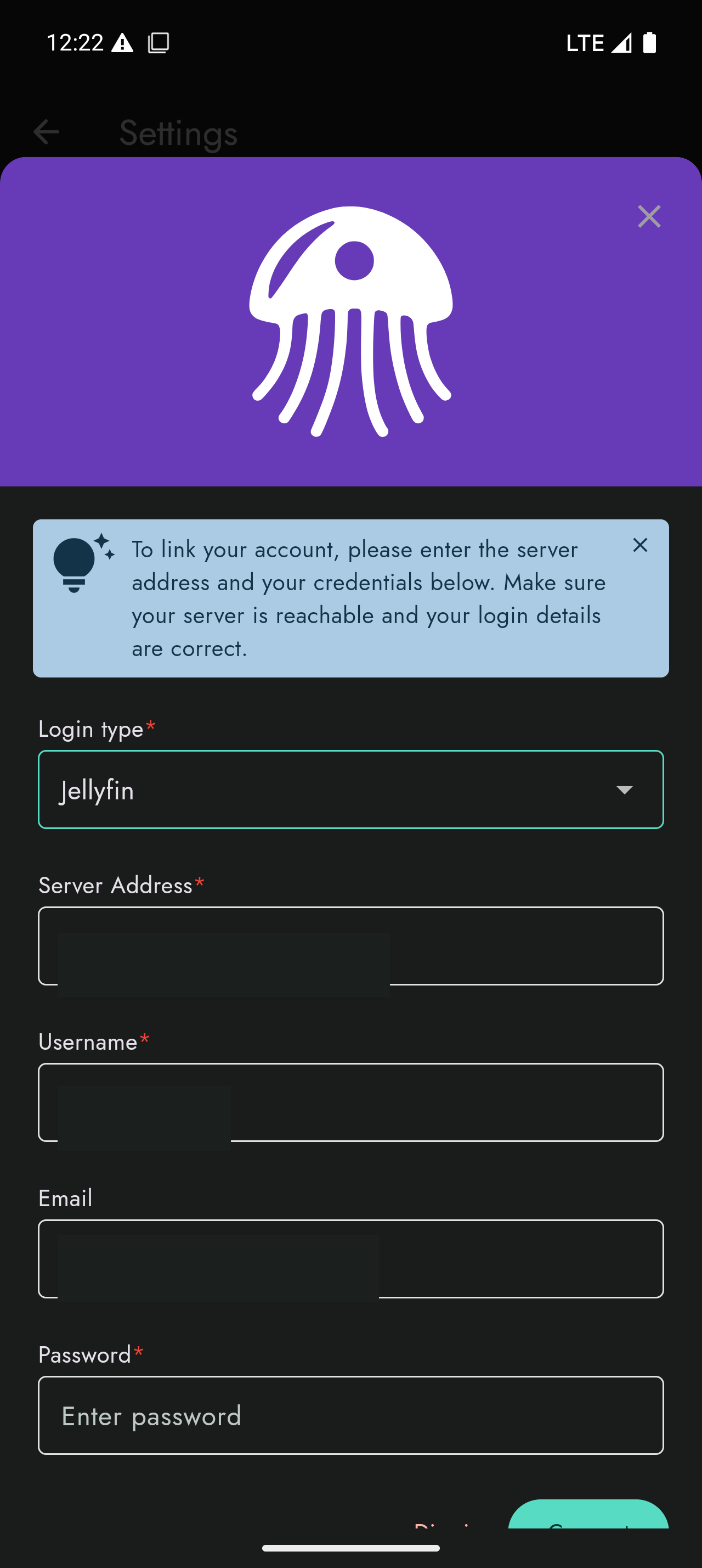 Jellyseerr linking form with server and account values redacted