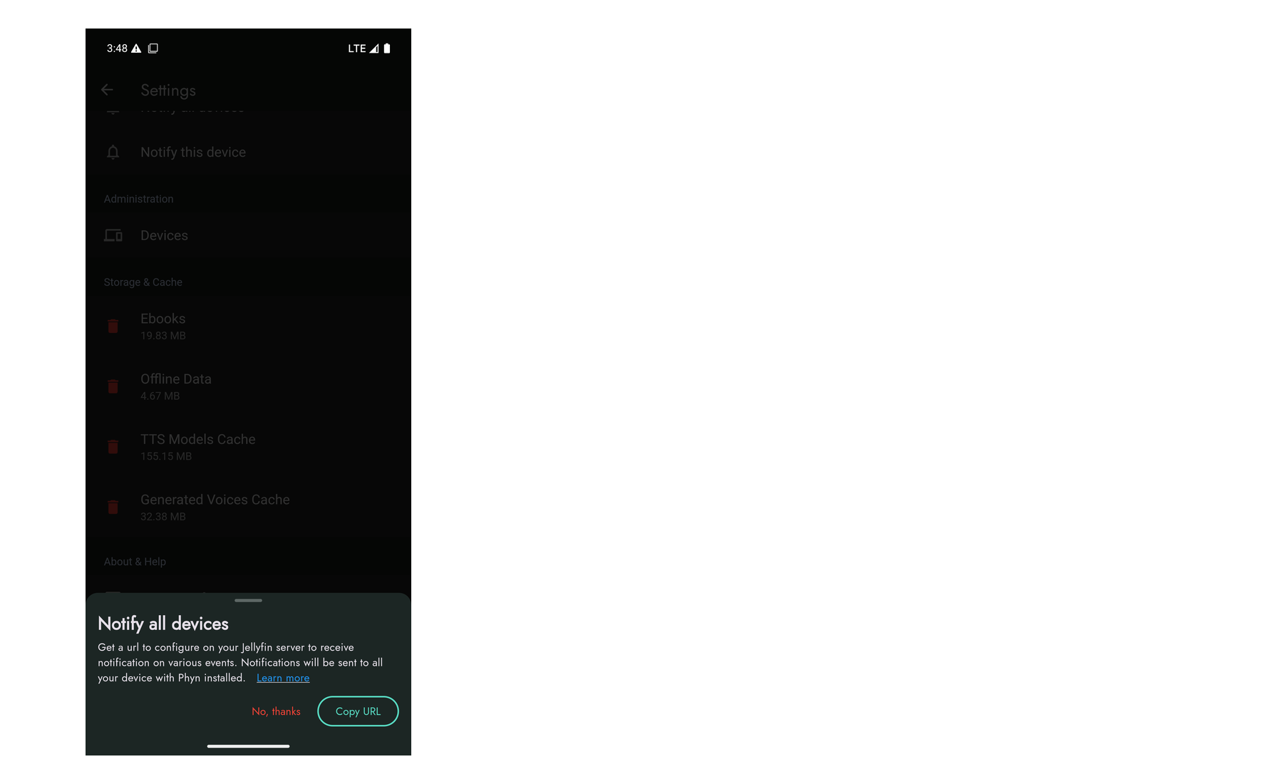 Phyn notification URL prompt showing the Copy URL button