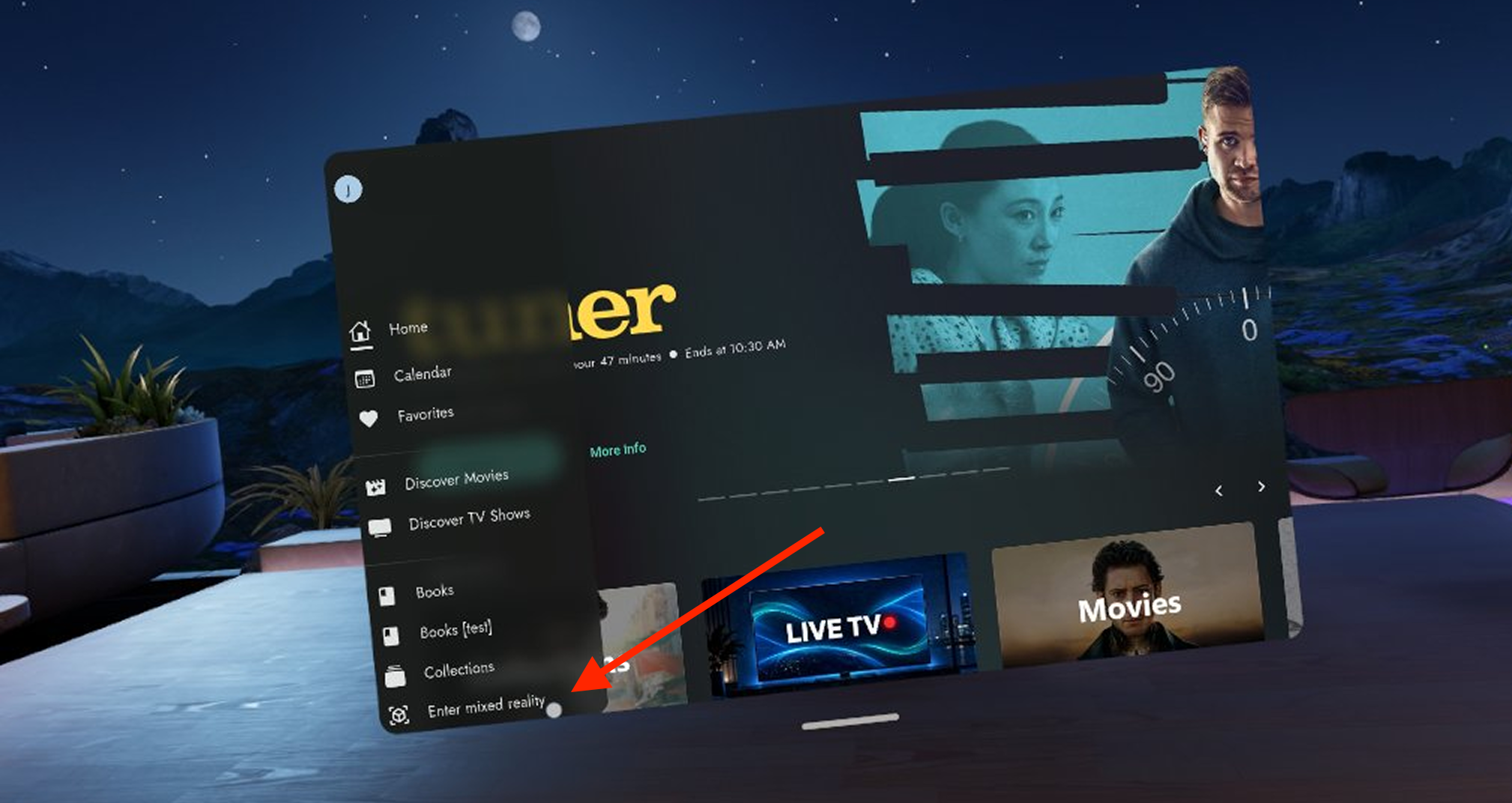 Phyn navigation menu with an arrow pointing to Enter mixed reality.