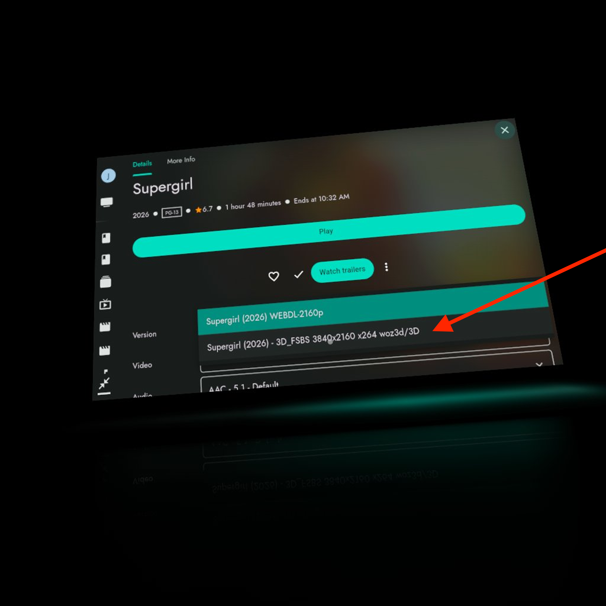 Version selector with an arrow pointing to a video version labeled 3D_FSBS.