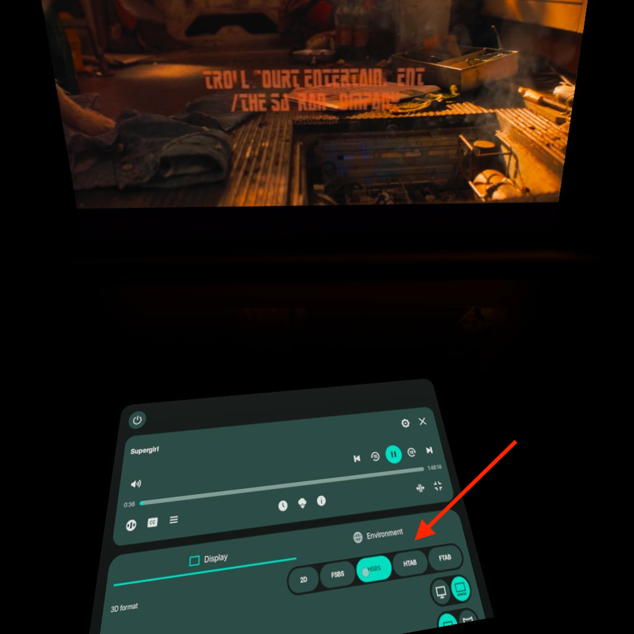 Immersive control panel showing the Display tab and 3D format options.